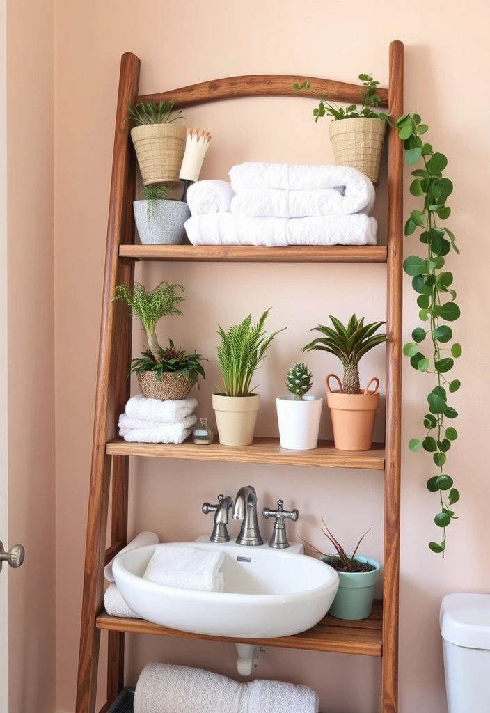 25 Moody Vintage Bathroom Decor Ideas That'll Transform Your Space! - 14. Vintage Ladder Shelf